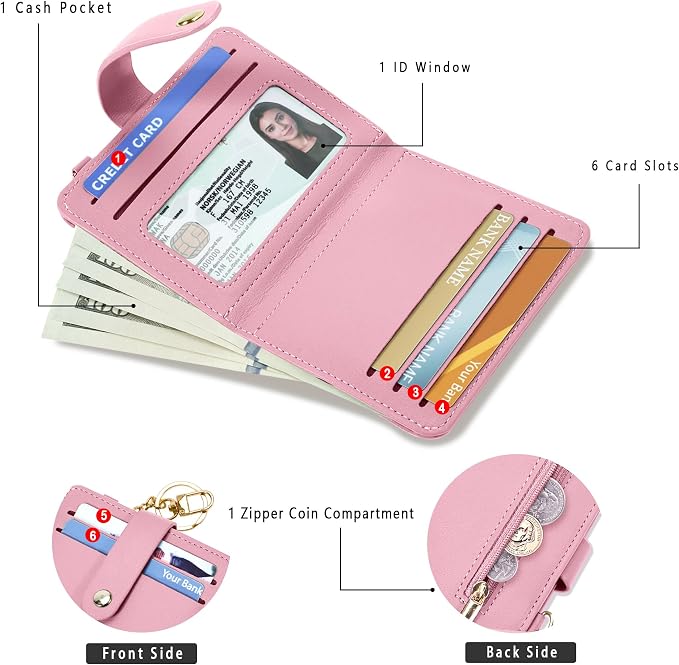Airkit Small Wallets Woman RFID Blocking Leather Credit Card Holder - with ID Window - Card Wallets for Women - with Zipper Coin Purse - Keychain Wallet