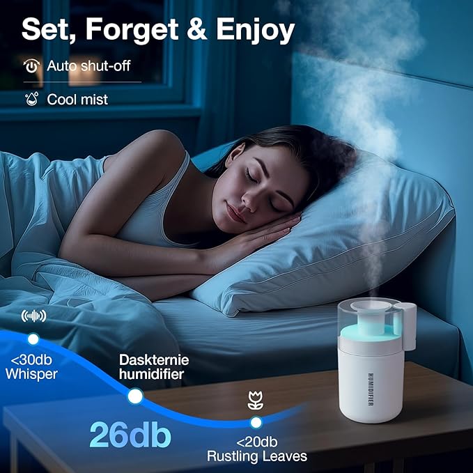Small Mini Humidifier, USB Desk Cool Mist Humidifier Personal Portable Quiet Table Desktop Humidifiers for Cooling Home Office Car Summer Travel (180ml, White)