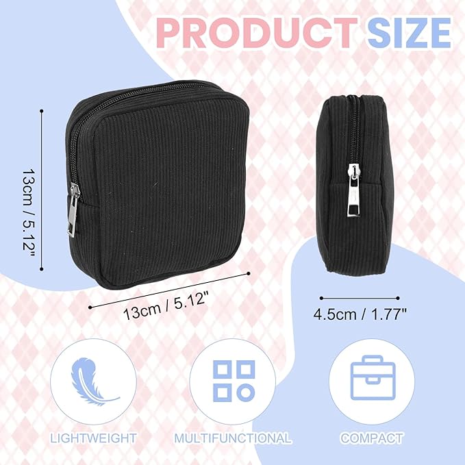 uxcell Period Bag for Teen Girls Women, Portable Corduroy Sanitary Towel Compact Cute Pouch with Zippers, Small Pouch Napkin Storage Pads Holder for Travel, Daily Use, Purse, Black