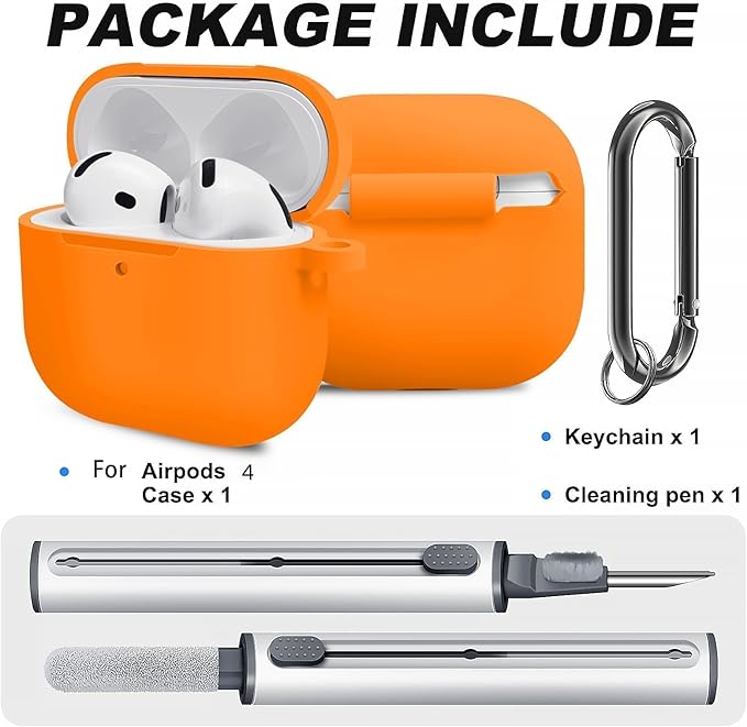 for Airpods 4th Case Cover, Come with Cleaner Kit,Soft Skin Silicone Case Cover with Keychain, Front LED Visibl, Full Protective Case，Compatible with AirPods 4th(Orange)