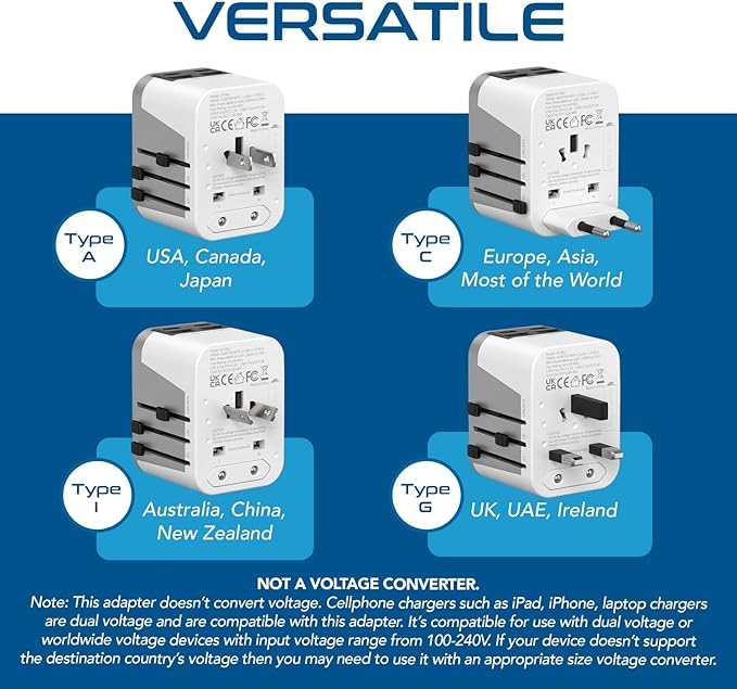 Ceptics Universal Travel Adapter for EU, UK, China, UAE, AU – International Power Adapter with Dual USB-C & USB-A – Ideal for Phone, Tablet & Smartwatch Chargers - Type A, C, G, I Plug Outputs