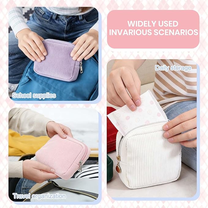 uxcell Period Bag for Teen Girls Women, Portable Corduroy Sanitary Towel Compact Cute Pouch with Zippers, Small Pouch Napkin Storage Pads Holder for Travel, Daily Use, Purse, Brown