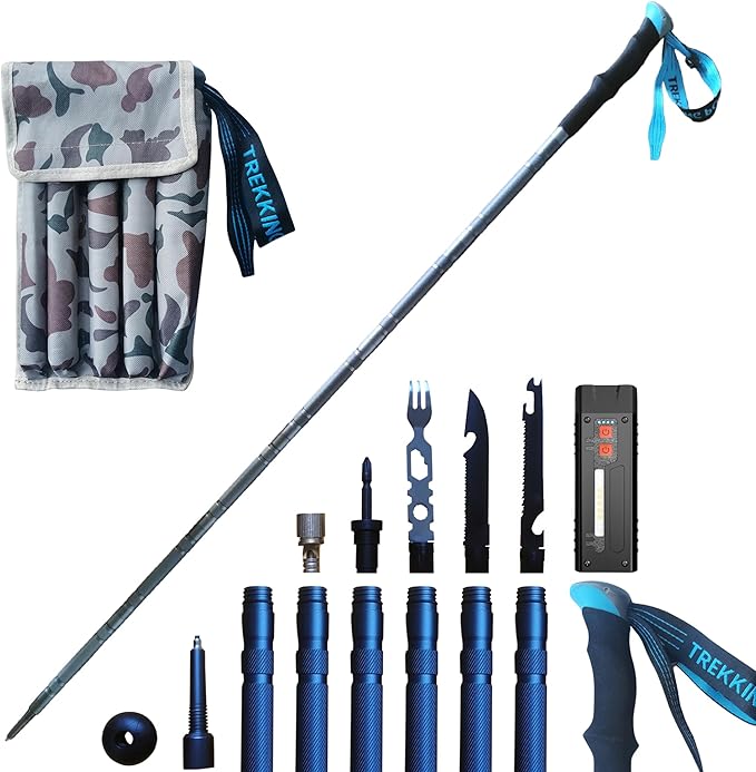 Versatile Trekking Pole with Accessories - Ideal for Hiking with Excellent Foam Grip Lightweight, Durable Tungsten Carbon Tip. Adjustable Length, Collapsible, Internal Storage, Canvas Carry Bag