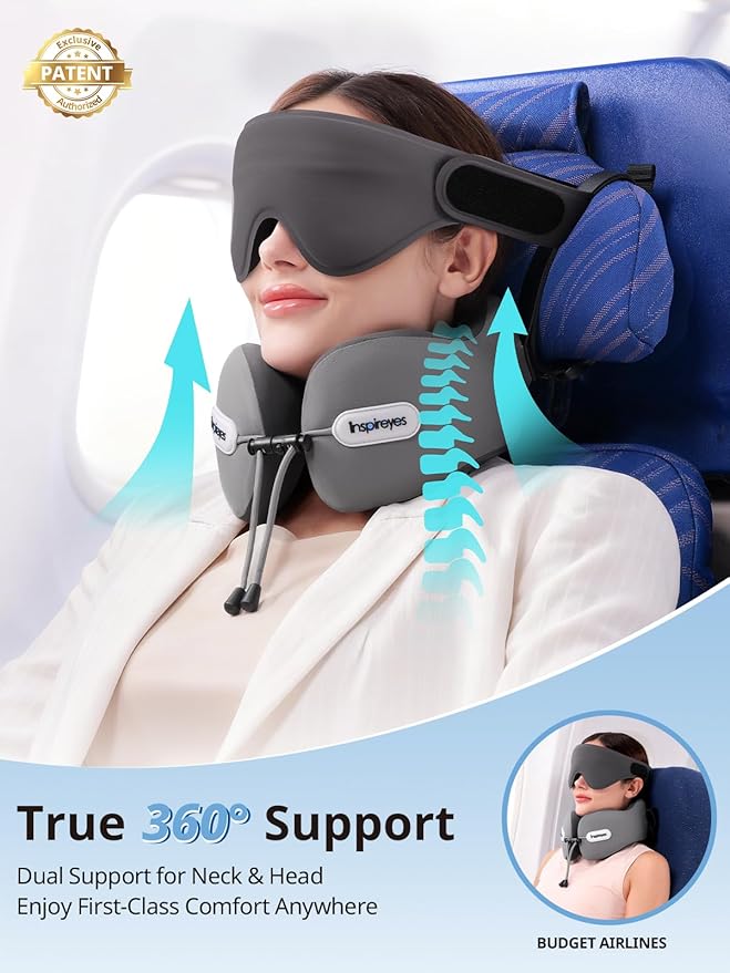 Inspireyes Neck Pillow, Travel Pillow with Seat Strap, 3D Sleep Mask, Dual Support Neck and Head, High Supportive Foam Airplane Pillow for Long Flight, Stop Bobblehead Travel Essential, Lake Blue