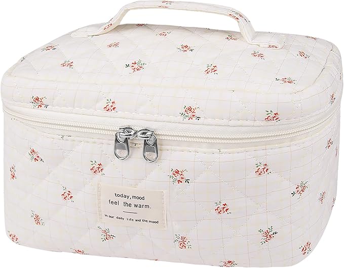 Gosect Large Travel Quilted Makeup Bag for Women,Big Floral Cotton Cosmetic Bag, Cute Coquette Aesthetic Floral Toiletry Organizer Bag (Plaid-Flower)