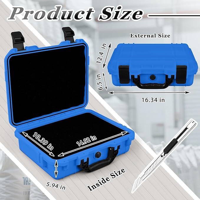 Relaxweex 1 Pcs Waterproof Hard Case with DIY Customizable Foam Insert Portable Protective Case with Knife for Camera Drones Equipments Tools Test Instruments(Blue,16.3 x 12.4 x 6.5 Inch)