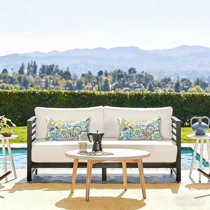 LVTXIII Outdoor/Indoor Lumbar Pillows, Decorative Patio Lumbar Cushions, Fluffy Water Repellent Garden Cushions for Home Patio Coach Sofa Use, 12×20 Inch, Pack of 2, Flower Blue