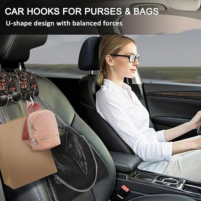 Blusabaca 2PCS Car Seat Back Storage Headrest Hooks, Mushroom Moon Purse Holder Bags Hanger, PU Leather Double Metal Hook for Backseat Organizer, Women Car Accessories Organization