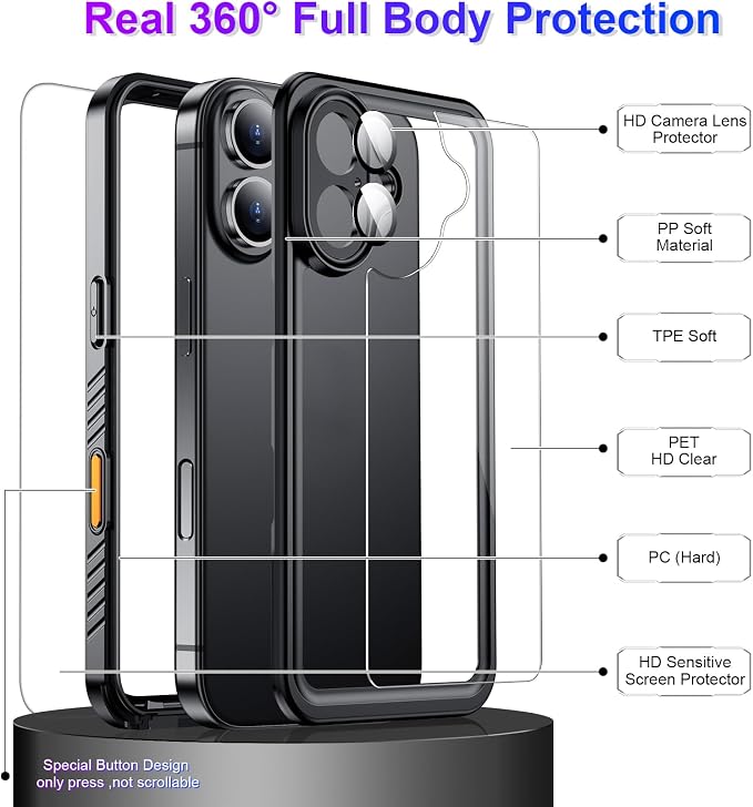 Compatible with iPhone 16 Case Waterproof, Built-in Screen & Camera Protector IP68 Underwater Full Body 16FT Military Dropproof Shockproof Phone Case 6.1"-Black/Clear