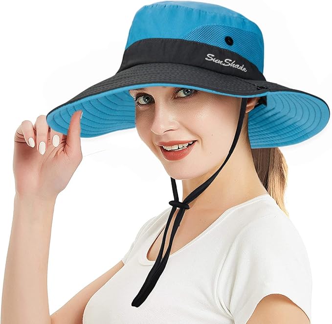 Women's Summer Sun-Hat Ponytail - Outdoor UV-Protection Mesh Wide Brim Foldable Hat with Ponytail Hole