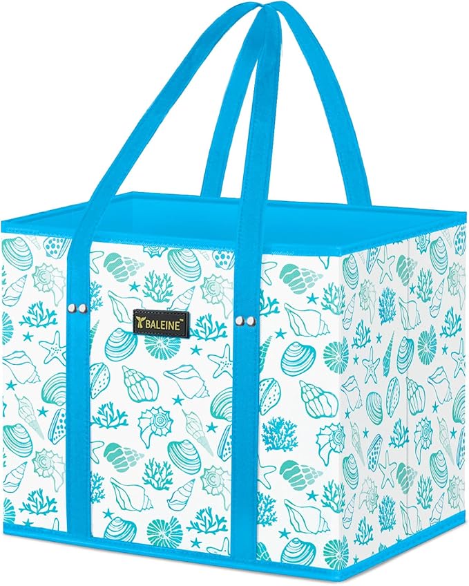 BALEINE 1Pk Reusable Grocery Bags, Foldable Shopping Bags for Groceries with Reinforced Bottom & Handles (Summer Beach-Blue)