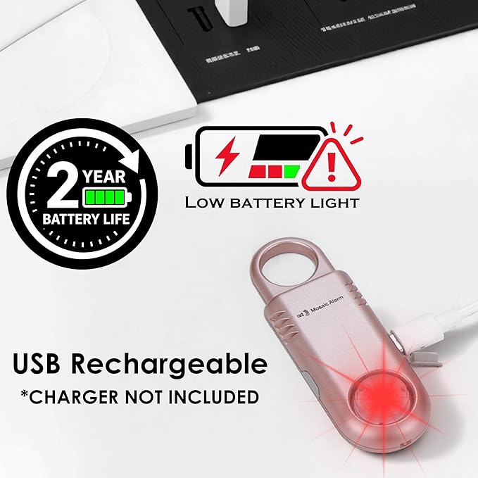 135dB Rechargeable Personal Safety Alarm Built-in Ultra-Bright Flashlight Non Slip Grip Keychain Emergency SOS Siren for Women, Students, Night Runner. Loud Sound Hiking Bear Alerts Hook. Rose Gold