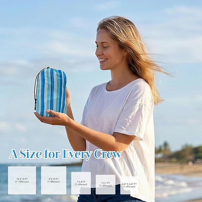 OIGAE Oversized Beach Blanket, 9×10 ft Sand-Free Outdoor Mat for Groups, Quick-Dry Picnic Blanket with Stakes & Corner Pockets, Blue Wave Stripes