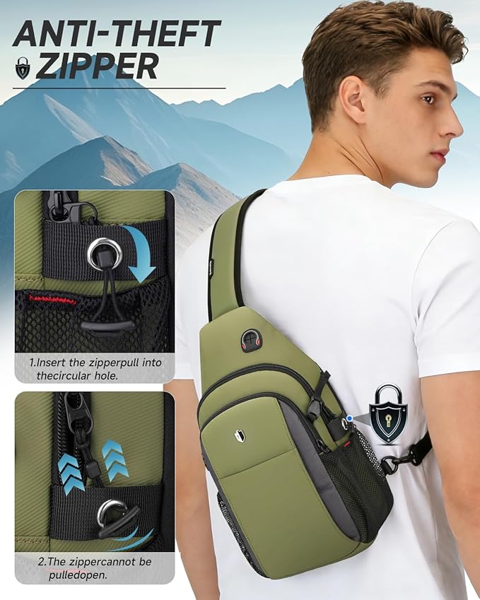 Tactical Sling Bag for Men & Women, Water Resistant Anti-Theft Crossbody Bag Mini Backpack with Water Bottle Pocket, Travel Hiking Chest Pack Fits 11 inch iPad, Switch 2, Army Green | Mens Crossbody Bag