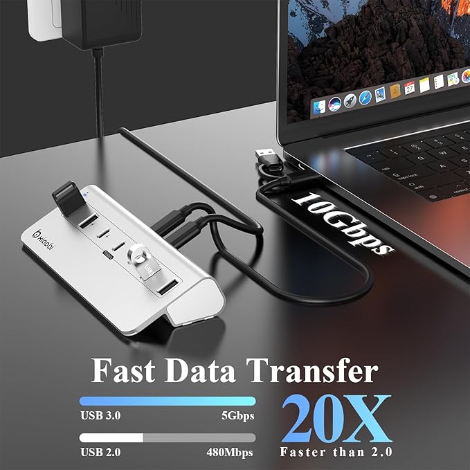USB C Hub,Powered USB Hub with 5V 3A Power Adapter, 10Gbps USB Splitter with 4 USB-A and 3 USB-C Ports, 7-Port Type C Multiport Adapter for MacBook Air/Pro, iPhone 16/15, Laptop and More(Silver)