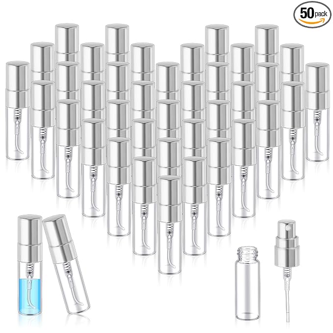 Zhehao 50 Pcs Mini Spray Bottles 3 ml Clear Glass Perfume Bottles Refillable Fine Mist Perfume Atomizer Portable Empty Sample Containers for Cleaning, Essential Oils, Travel (Silver Cap)
