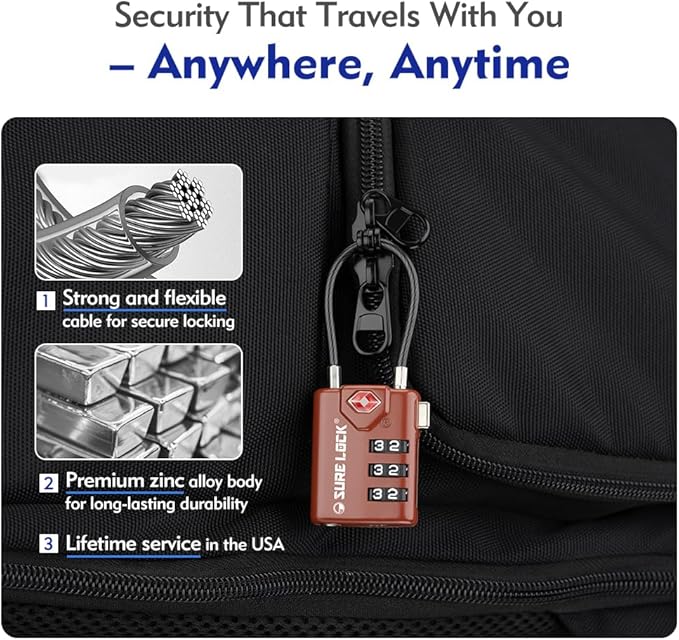 SURE LOCK TSA Approved Luggage Locks with Open Alert Indicator, 3 Digit Combination Cable Travel Lock for Suitcase, Backpack, Gym Locker, Toolbox & Travel Bag