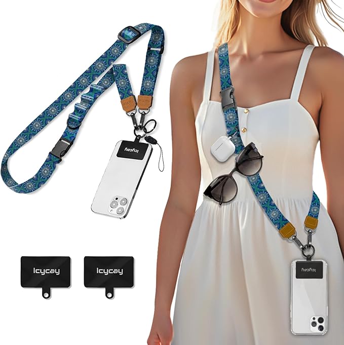Icycay Phone Lanyard Crossbody, Boho Blue Cell Phone Strap for Around The Neck Adjustable, Bohemian Anti Theft Cute Lanyard for ID Holder Keys Accessories Travel Essential