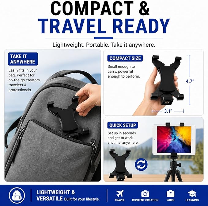 Acuvar Universal Tablet Tripod Mount Holder, Adjustable Stand Adapter for iPad, Samsung Galaxy Tab & Surface, Fits 8–11 Inch Tablets (Vertical & Horizontal), Compatible with Tripods & Monopods