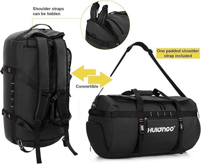 Hulongo 40L/60L/90L Large Waterproof Duffle Bag Backpack for Men, Mens Duffel Backpack Bags for Traveling, Heavy Duty (Black, 60L)