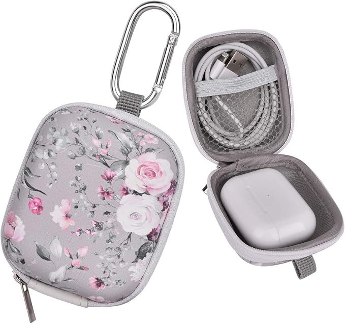 Earbud Case, AIRSPO Airpods 4 Case Airpods Pro 3rd Generation Galaxy Buds 4/3/FE Earphone Organizer Carrying Case Small Storage Bag Hard EVA Shockproof Cover with Carabiner Clip (Grey Pink Rose)