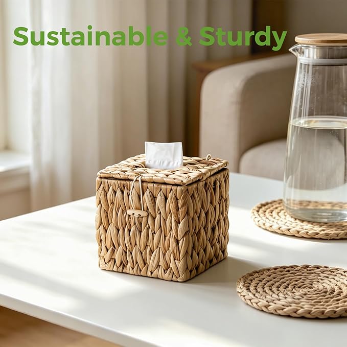 Rattan Tissue Box Cover with Lid, Wicker Tissue Box Holder Square, Hand Woven Cube Tissue Box Cover Tissue Holder for Bathroom Living Room Kitchen Office, Natural