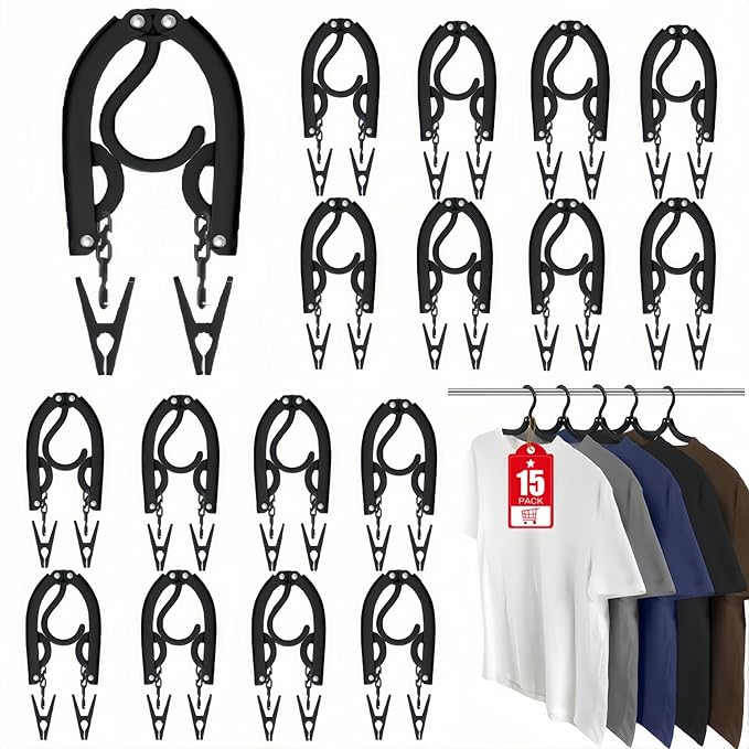 15 Pcs Travel Hangers with 30 Clips Portable Foldable Travel Hanger Organizer, Plastic Cruise Ship Essentials 2026 Clothes Hanging Rack Folding Hangers for Travel Camping Fly RV Europe Suitcase Black