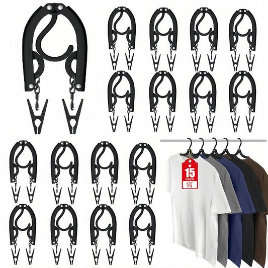 15 Pcs Travel Hangers with 30 Clips Portable Foldable Travel Hanger Organizer, Plastic Cruise Ship Essentials 2026 Clothes Hanging Rack Folding Hangers for Travel Camping Fly RV Europe Suitcase Black
