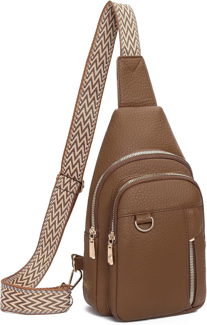 GAEKEAO Sling Bag for Women Vegan Leather Crossbody Bags Travel Fanny Pack Chest Bag Purse with Adjustable Wide Guitar Strap