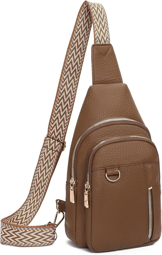 GAEKEAO Sling Bag for Women Vegan Leather Crossbody Bags Travel Fanny Pack Chest Bag Purse with Adjustable Wide Guitar Strap