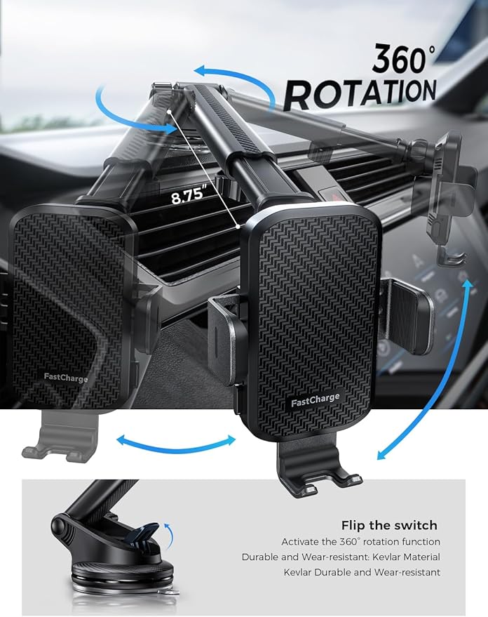 Wireless Car Charger with Phone Holder Mount, 15W Fast Charging Auto Clamping Phone Holders for You Car Windshield Dashboard Air Vent Accessories for iPhone, Samsung Galaxy, Google, etc