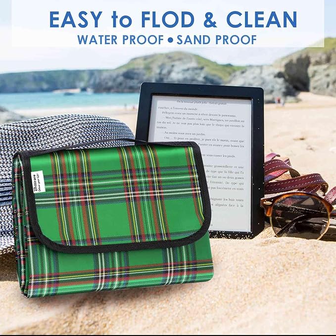 Beach Picnic Blanket, Sandproof Waterproof Camping Blankets Large, Outdoor Sandfree Foldable Mat 55x40in, Oversized Packable Family Mats for Hiking, Camping, Park, Travel, Grass Concert-Green