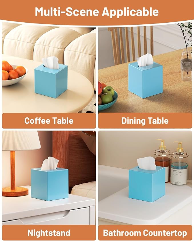 Tissue Box Cover, Square Plastic Tissue Box Holder with Anti Slip Base, Modern Decor Facial Napkin Holder for Bathroom Vanity Countertop, Bedroom Dresser, Night Stand, Parlors, Offices, Blue