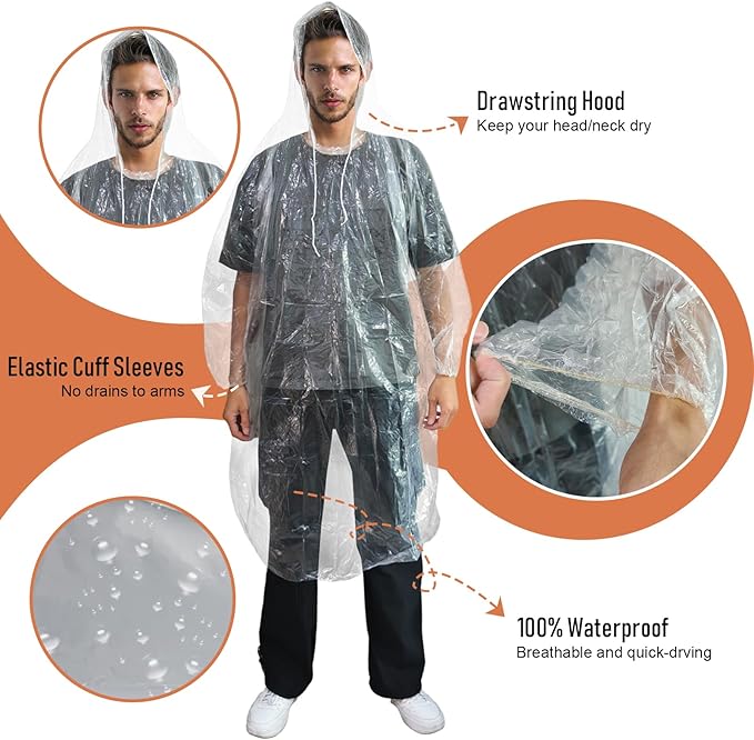 Ponchos Family Pack, Rain Poncho for Adults and Kids Disposable Emergency Rain Ponchos