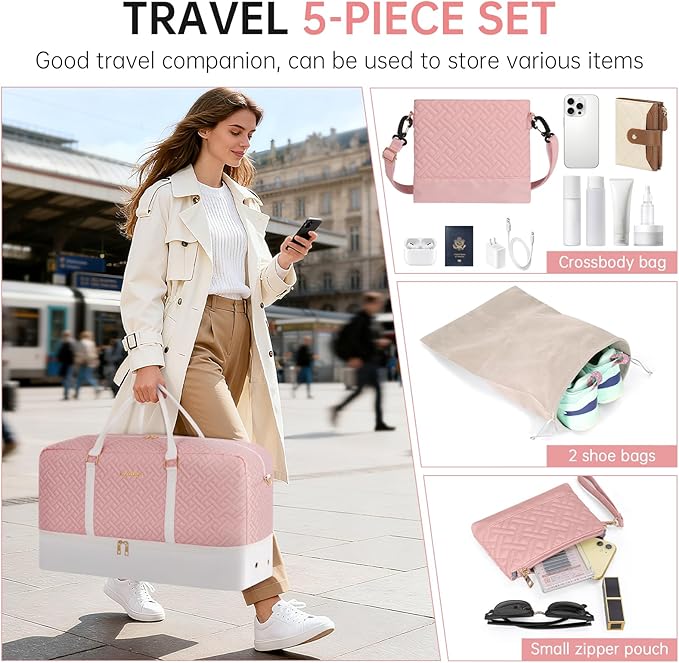 Weekender Bag for Women, 5 Pcs Set Carry on Overnight Bag, 23" Large Travel Duffel Bag with Waterproof Shoe Compartment for Weekend Travel Business Trip