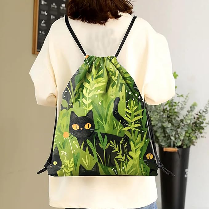 Drawstring Backpack Draw String Sports Bags for Gym Travel Beach Waterproof Cute Sackpack Men Women Aesthetic (13"×17")-Cat