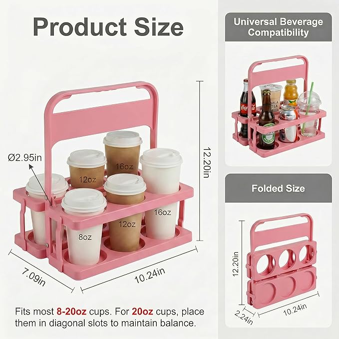 6 Cup Drink Carrier for Delivery - Foldable Drink Holder with Handle, Reusable Cup Carrier for Drinks, Portable Beverage Caddy Accessories for Parties, Camping, Car, Coffee & Bottles (Pink)