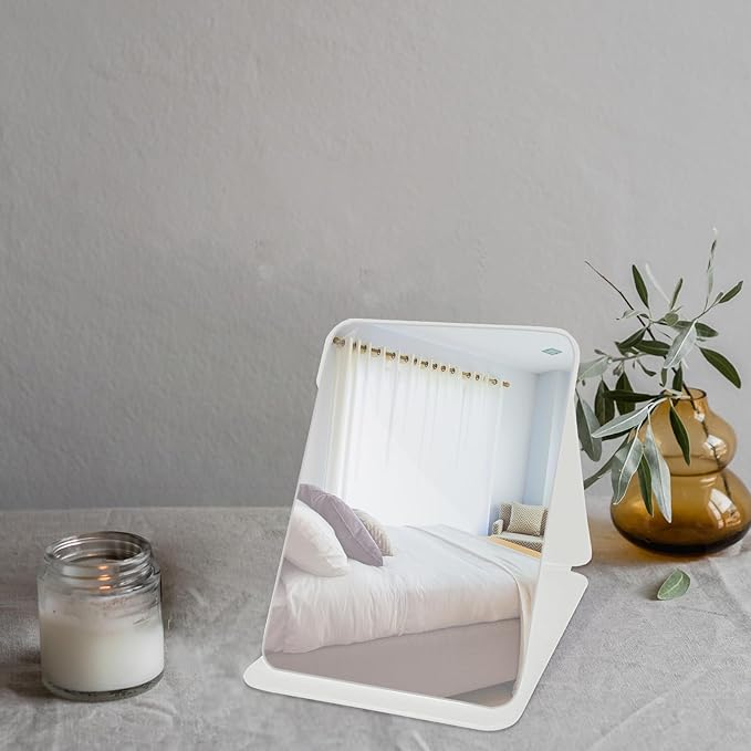 Makeup Mirror, 7x10 Inches Portable PU Leather Mirror, Folding Desktop Vanity Mirror with Adjustable Stand for Vanity Table, Office, Travel (L, White)