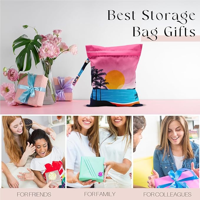 Wet Bag, Wet Dry Bag, Waterproof Swim Bags, Machine Washable Reusable Bags for Beach, Pool, Diapers, and Dirty Yoga Gym Clothes(Pink Sunset Beach Pattern
