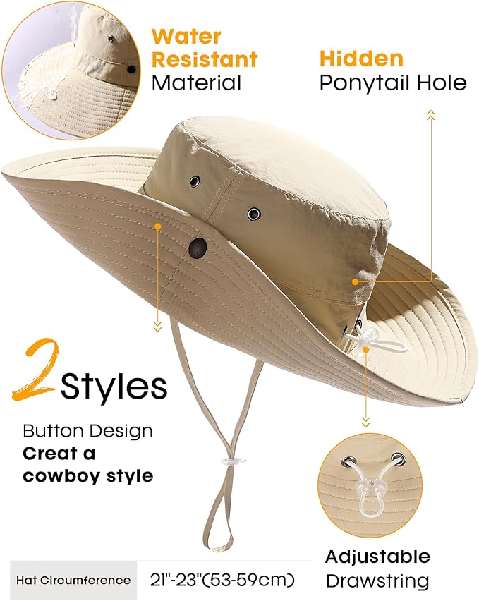 FURTALK Sun Hats for Women Ponytail UPF 80+ Beach Summer Hat Wide Brim Packable Cowboy Hat