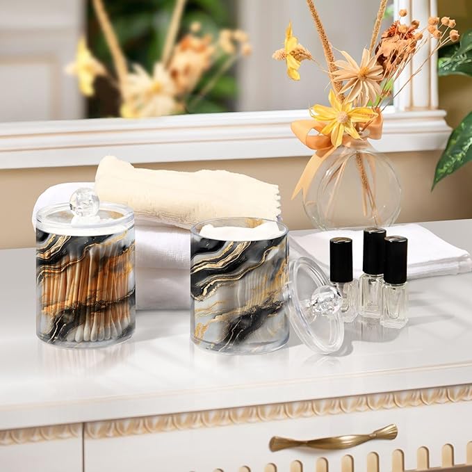 2 Pack Qtip Holder Organizer Dispenser Black Gold Grey Marble Texture Bathroom Storage Canister Cotton Ball Holder Container for Cotton Pads/Swabs/Floss