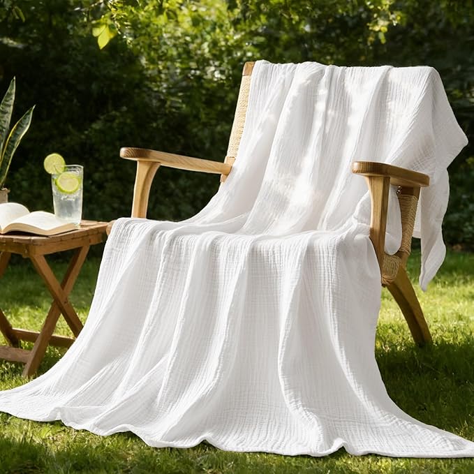 BEDELITE 100% Cotton Muslin Blankets for Adults - 4-Layer Twin Size Breathable and Lightweight Gauze Blanket for Couch, Bed, Travel and Summer, Soft & Cozy Gift for Women, White, 60"x80"