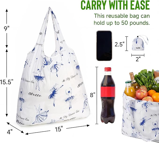 Stelle Lightweight Reusable Grocery Bag with Handles Ripstop Nylon Foldable Tote Shopping Bags for Travel and Groceries
