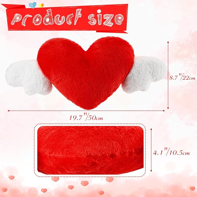 Macarrie 2 Pcs Plush Heart Shaped Pillow with Angel Wings Car Headrest Soft Comfortable Seat Pillow for Driving Travelling Room Office Car Decor, 19.7 x 8.3 Inch(Red)