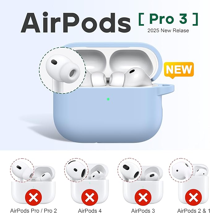 R-fun for AirPods Pro 3 Case (2025), Soft Silicone Protective Case Cover Compatible with Apple AirPods Pro 3rd Generation (USB-C Cable) for Women Men with Cleaning Kit and Keychain, Sky Blue