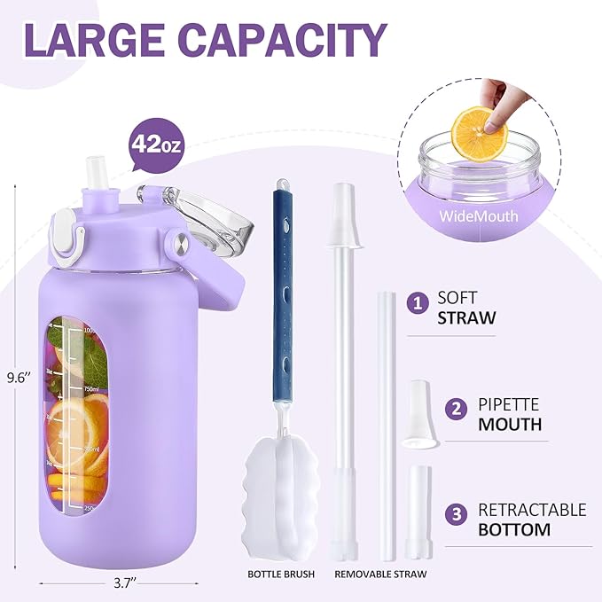 42oz Glass Water Bottles with Straw, Motivational Glass Bottle with Silicone Sleeve and Time Marker, Leakproof Large Glass Water Jug for Gym Home Office,Purple