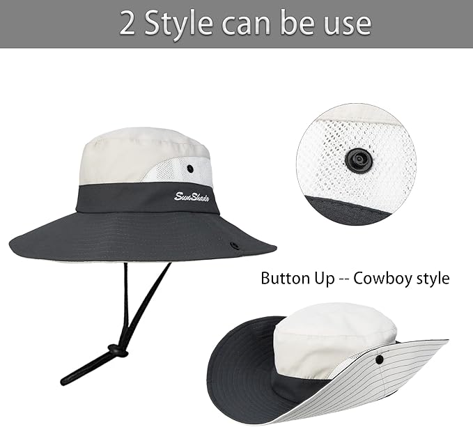 Women's Summer Sun-Hat Ponytail - Outdoor UV-Protection Mesh Wide Brim Foldable Hat with Ponytail Hole