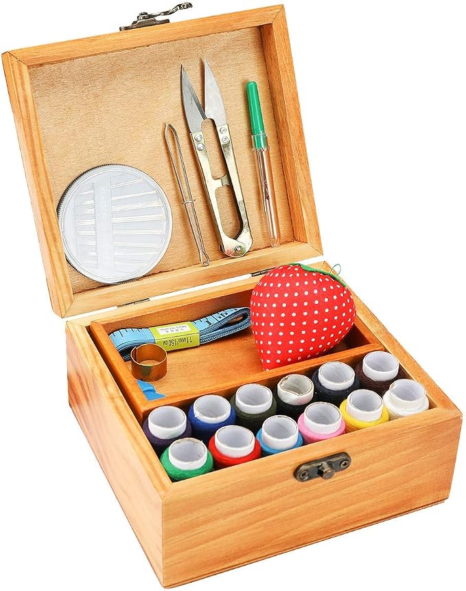 Sewing Kit, Wooden Sewing Kit Box for Adults, Wooden Sewing Basket with Accessories, Home Sewing Basket Stitching Repair Kit for Beginner, Women, Men (Brown)