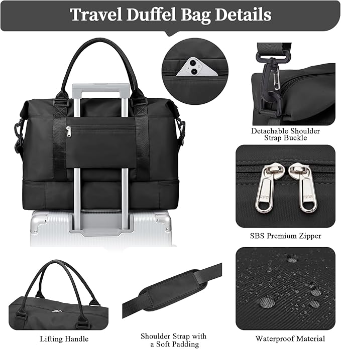 Weekender Bags for Women,Travel Duffle Overnight Bag with Shoe Compartment,Personal Item Carry On Bag,Black,Large,3 Pcs Set
