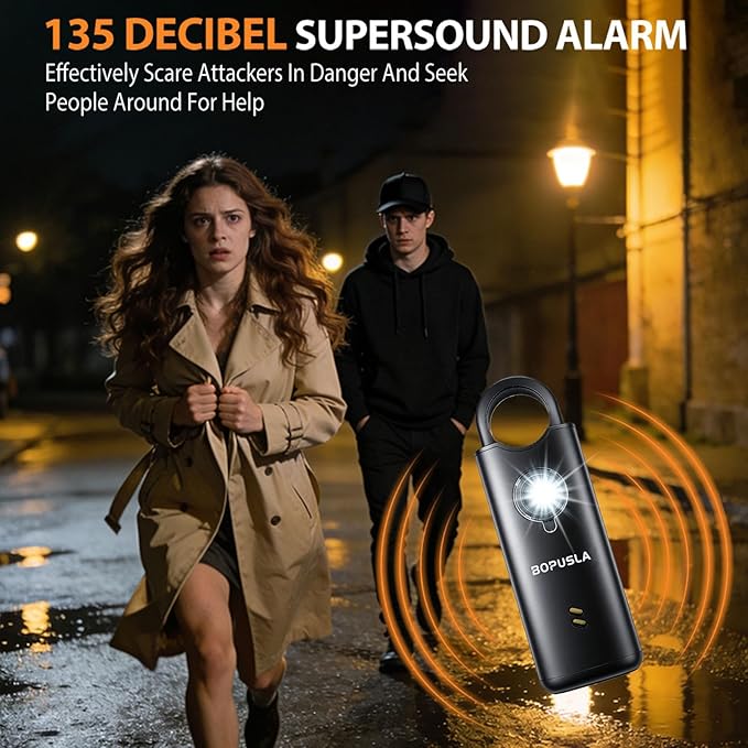 Personal Safety Alarm for Women, Elderly & Kids, 135dB Loud Siren with SOS Strobe Light, USB-C Rechargeable Self-Defense Keychain, Cute Portable Security Alarm (Black)